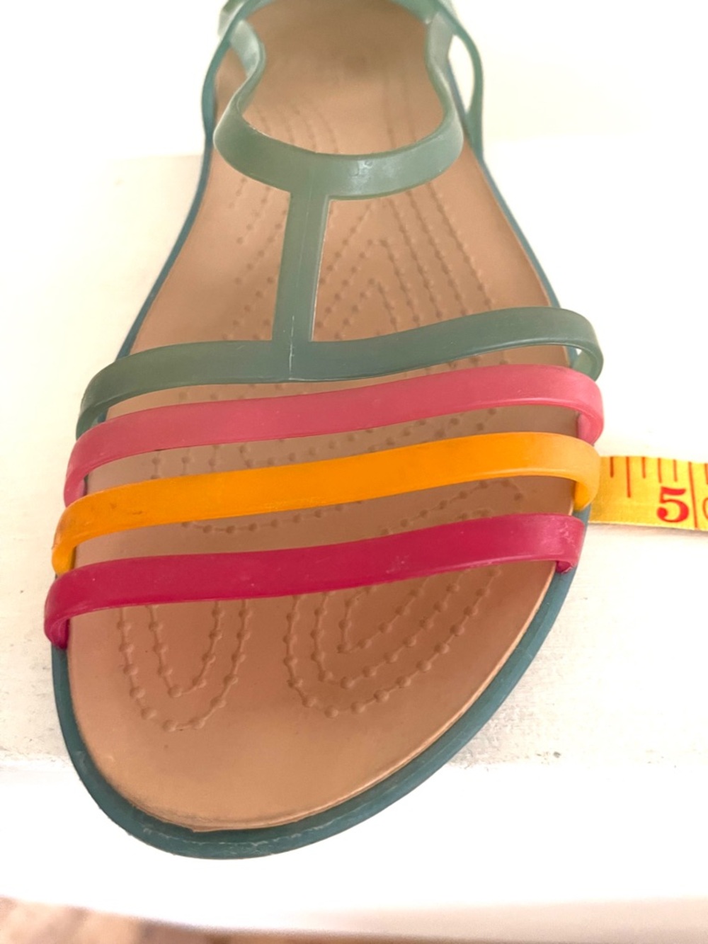 Vintage Women’s Green Strappy Iconic CROCS Sandals with Orange & Yellow Accents - Picture 7 of 9